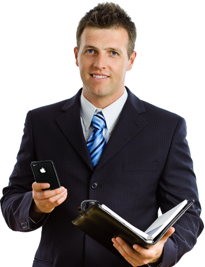Business man holding a phone and notebook